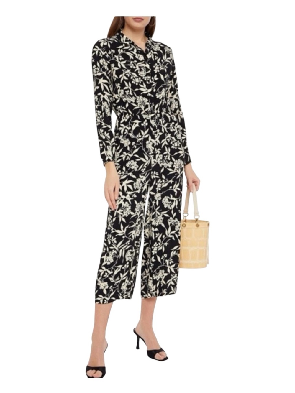 BA&SH Black Floral Wide Leg Jumpsuit Sz S Cropped Culottes Boho Resort Brunch